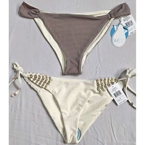 WET Swimwear Bikini Bottoms Tie Stripe Brown Ivory Detail Womans Sz M Beach‎ NEW